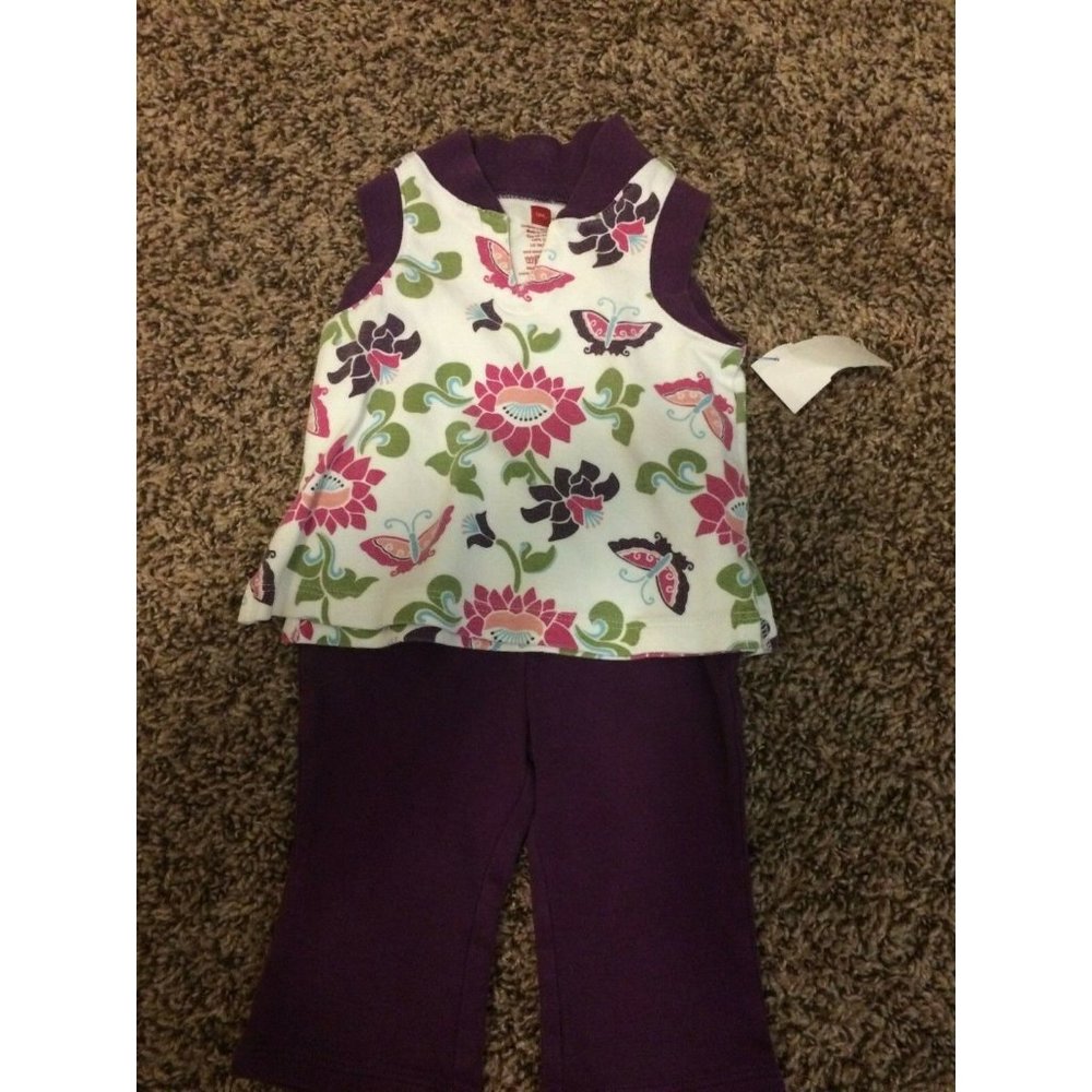 Tea Collection White Purple Floral Print Cotton Top 3-6 Months With Leggings